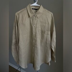 NWT Zara Linen Button Down Beige Size M